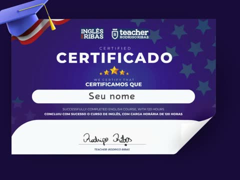 Certificado da Speak Academy assinado por Teacher Rodrigo Ribas, com carga horaria de 120 horas.